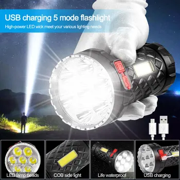 7LED Мощный фонарик с боковой подсветкой COB, зарядка через USB, 5 режимов освещения, фонарь для палатки, фонарь для кемпинга, Уличный Водонепроницаемый фонарь
