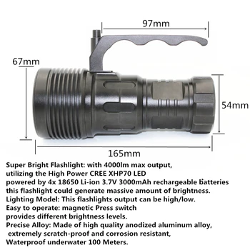 4000LM XHP70 Светодиодный фонарик для дайвинга суперяркий подводный водонепроницаемый алюминиевый фонарик С литий-ионным аккумулятором 4шт 18650 Изображение 2