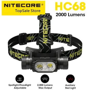 NITECORE HC68 Светодиодный Налобный фонарь 2000 Люмен, USB Перезаряжаемая Фара, Регулируемый Прожектор, Двойной луч, литий-ионный аккумулятор 18650 Изображение 2