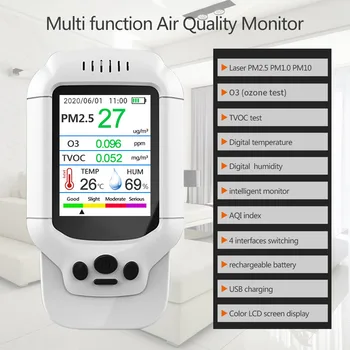 8 В 1 Профессиональный Детектор качества воздуха, Озоновый Газовый Тестер PM2.5 PM10 PM1.0 TVOC O3 AQI, Датчик озона, Гигротермограф, Монитор Изображение 2
