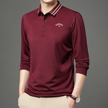 Callaway, весенне-осенняя новая мужская одежда для гольфа, мужская деловая футболка с отворотом, Новая рубашка ПОЛО, модный топ для молодых мужчин с длинным рукавом Изображение 2