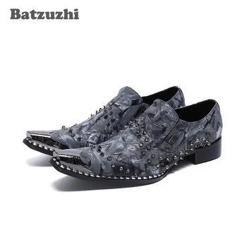 Batzuzhi/ Мужская обувь итальянского типа, Официальные кожаные модельные туфли с металлическим носком и Заклепками, Zapatos Hombre, мужские Вечерние и свадебные туфли Изображение 2