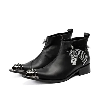 мужские ботинки tuziblobo, черные Ботинки Челси с вышивкой в виде Зебры, Мужские Ботильоны С острым носком и Заклепками, Кожаные ботинки с боковой молнией, Мужские ботинки