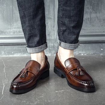 Повседневная мужская обувь без застежки с кисточками в британском стиле, кожаная обувь, оригинальная деловая обувь, удобная мужская повседневная обувь на плоской подошве
