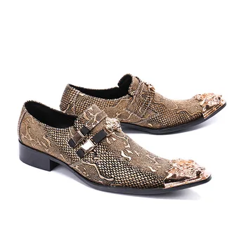 Мужская Повседневная обувь из натуральной кожи с острым носком в британском стиле золотистого цвета, Модная популярная мужская обувь, модные тонкие Изображение 2