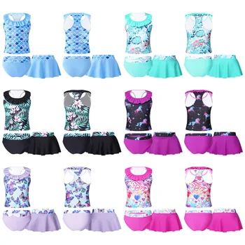 Комплекты пляжной одежды Танкини для девочек от 4 до 12 лет с цветочным принтом, майка без рукавов, топы, короткие купальники и бикини, купальники, наряды Изображение 2