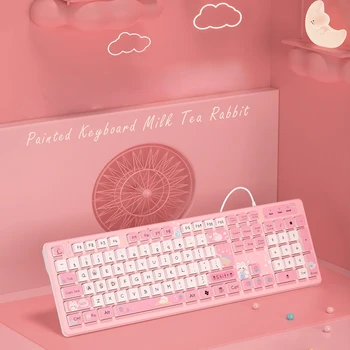 Проводные клавиатуры Kawaii Rabbit, Розовая беспроводная клавиатура, Игровые аксессуары, Мультяшная немой Клавиатура, ноутбук, настольный компьютер для девочки Изображение 2