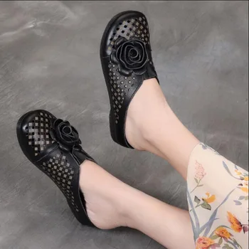2021 Новые Летние женские тапочки ручной работы в стиле Ретро, Дышащая обувь с отверстиями, Уличные тапочки на плоской подошве из натуральной кожи