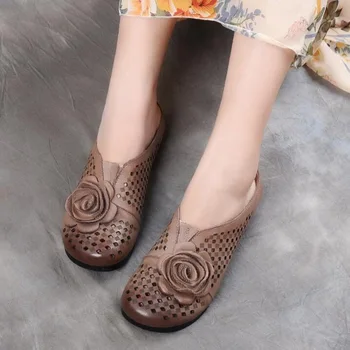 2021 Новые Летние женские тапочки ручной работы в стиле Ретро, Дышащая обувь с отверстиями, Уличные тапочки на плоской подошве из натуральной кожи Изображение 2