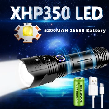 Новый XHP350 Супер яркий светодиодный фонарь с Зарядкой через USB, Водонепроницаемый Фонарь 5200 мАч 26650/18650, Тактический Фонарь с Зумом для Кемпинга